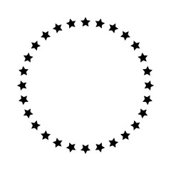 Stars of various sizes arranged in a circle. Round frame, border. Black star outline, simple symbol. Design element, ornament. Line art. Vector illustration