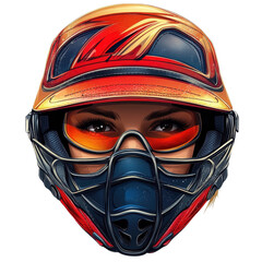 Female Cricket Player Closeup in Vibrant Red and Black Helmet with Dramatic Eye Makeup in Digital Art Style for Sports Branding isolated on transparent background