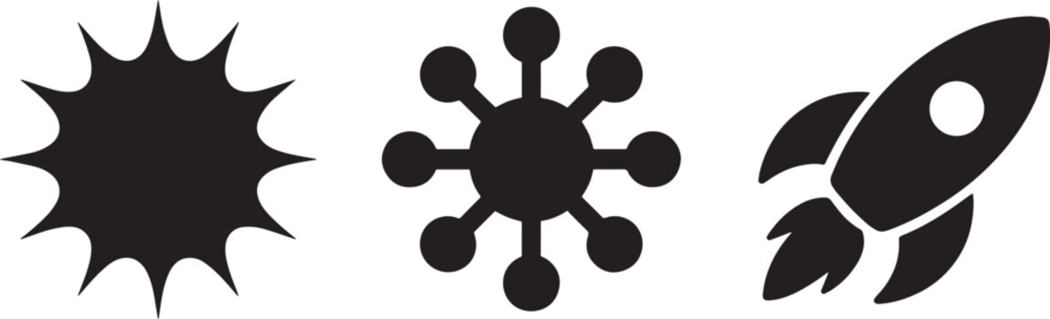 Explosion star, network connection and rocket ship icon on checkered background