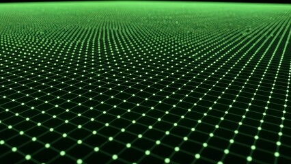 Abstract Green Grid with Glowing Dots Representing Digital Network or Data Flow.