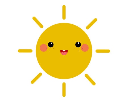 Cute smiling sun character with round yellow face, simple eyes and rosy cheeks. Illustration in flat vector style on white background.