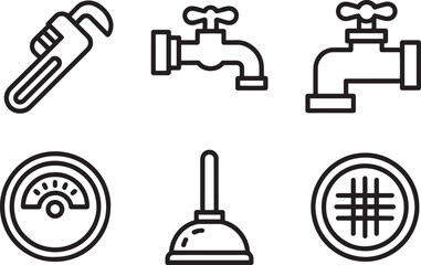 Plumbing tools and fixtures simple line icons transparent background set
