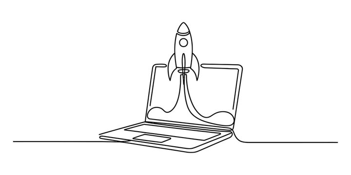 Continuous line art illustration symbolizing startup launch from a laptop Vector, illustration