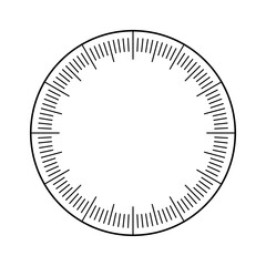 Mechanical clock face, bezel. Watch dial with minute and hour marks. Timer or stopwatch element. Blank measuring circle scale with divisions. Vector illustration