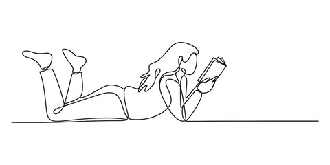 A minimalist single continuous line drawing capturing a person lying down comfortably while reading a book. Vector, illustration