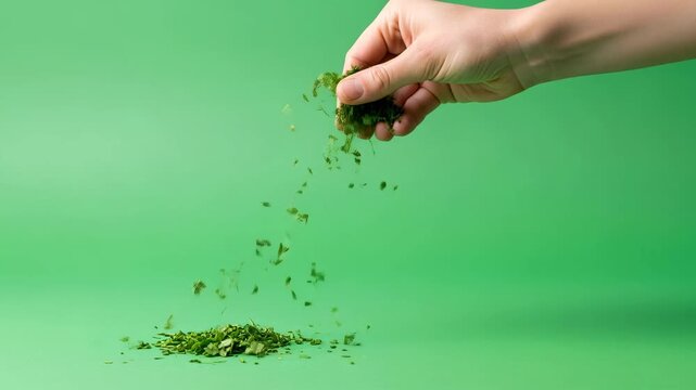 Woman hand dropping chives onto a pile on green background. Preparing herbs for cooking and garnishing. Chroma key effect.