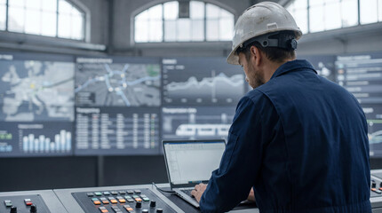Industrial engineer monitoring digital control dashboard and analyzing real time data on laptop in modern automated factory control room