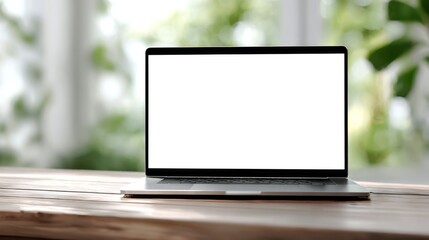 Fototapeta premium Modern silver laptop with blank white screen rests on wooden table near window greenery