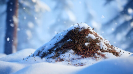 A large ant mound covered with snow in a pine forest, an insect colony habitat in winter, a frozen anthill with active ants, a wild nature landscape.