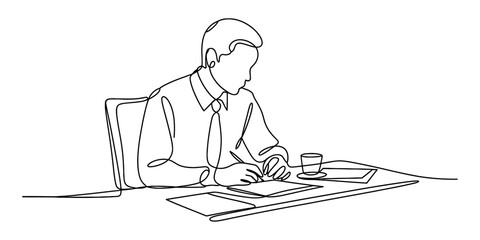 Continuous line art drawing of a concentrated businessman writing on a document at his office desk Vector, illustration