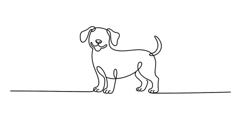 A playful puppy standing in a continuous single line art drawing on a clean white background Vector, illustration