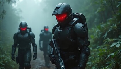 Advanced soldiers in dark futuristic gear walk through foggy jungle. They carry weapons, wear helmets with red glowing eyes. Stealth operatives move on path, ready for action.