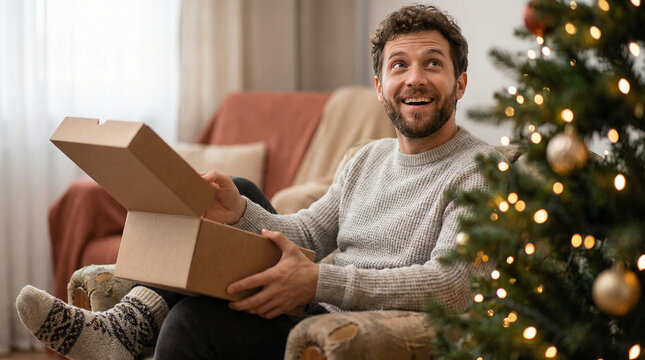 Happy man opening gift box while relaxing on cozy armchair beside decorated christmas tree with warm festive lights
