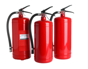 Three red fire extinguishers lined up on a plain white background