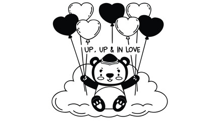 A cute line art teddy bear floats upward with heart shaped balloons and sweet expression on cloud