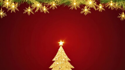 Golden Christmas tree with glowing star and pine garland on red background in festive holiday design - Powered by Adobe