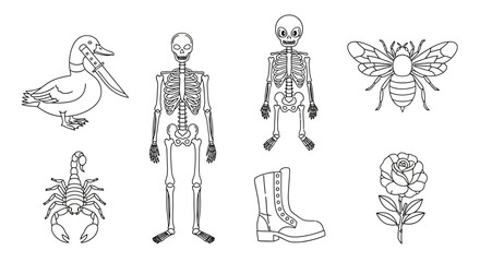 Obraz premium Collection of spooky elements, including skeletons, a knife wielding duck, and a rose for tattoo
