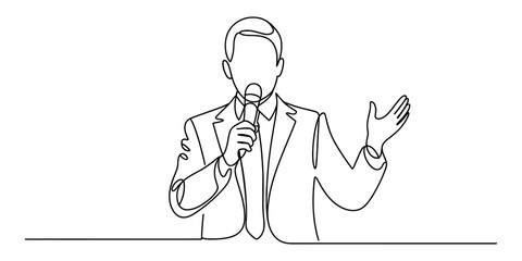 Continuous line art drawing of a man in a suit speaking into a microphone Vector, illustration