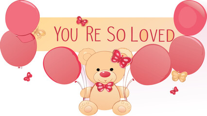Cute teddy bear holding balloon strings tightly in pastel colors with butterflies