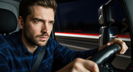 Obraz premium Focused young man driving at night on highway with intense expression and hands gripping steering wheel