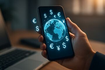 Smartphone in hand displaying glowing holographic Earth surrounded by digital currency symbols representing global financial technology and online economy