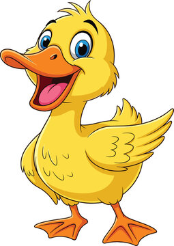 Cute cartoon duck illustration, happy yellow duckling character, smiling baby bird mascot, kids animal art, children book illustration, white background