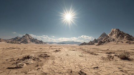 Dry cracked desert valley under bright sun with rocky mountains and wide barren landscape in extreme heat view