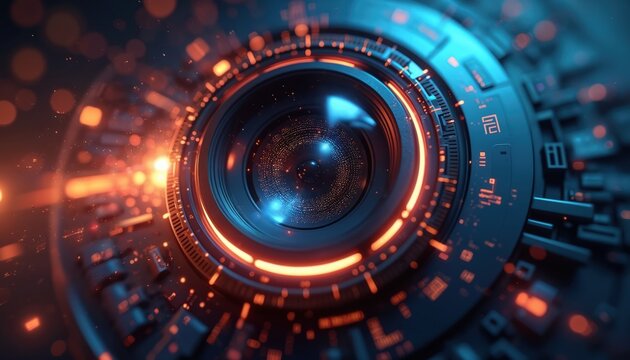 Abstract digital camera lens illustration. Futuristic glowing elements with blue and orange lights. Macro view of advanced optical technology. Conceptual art for innovation and vision.