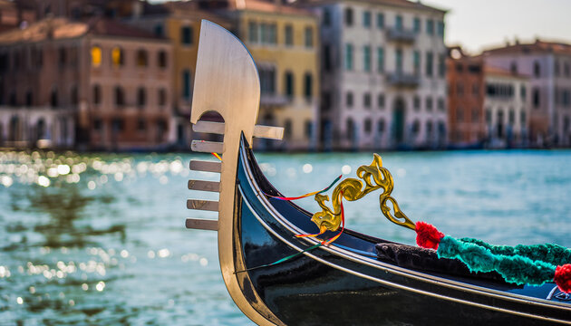 Detailed Close Up of Gondola Prow with Festive Decorations on Sunny Canal