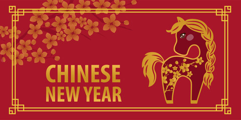 Chinese New Year themed vector illustration featuring a stylized horse with cherry blossom designs on a red background. The golden accents and floral motifs emphasize festive traditions.