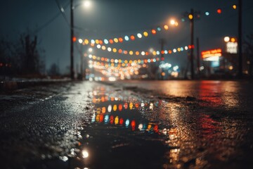 Fototapeta premium Puddle reflecting vibrant Christmas lights on dark street