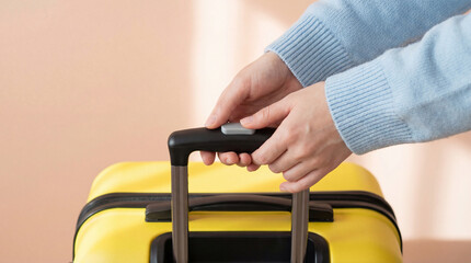 Person adjusting telescopic handle of bright yellow suitcase in soft pastel interior, preparing luggage for upcoming travel journey