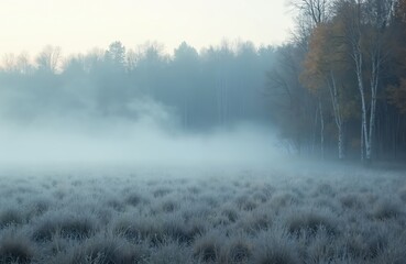 Thick fog blankets a frost covered meadow at dawn. Bare trees and autumn foliage border a misty forest edge, creating a serene cool landscape. Early morning quiet atmosphere.