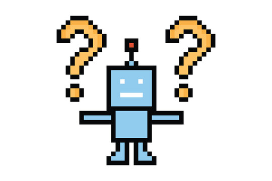 Cartoon humanoid robot learning toy robotic engineer bot machine business vector character automation electronic game background 8bit artificial intelligence pixel art.