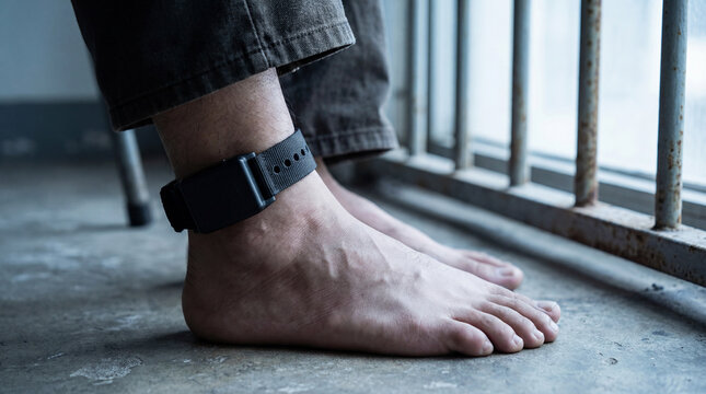 Barefoot person wearing ankle monitor standing on concrete floor near metal bars in low light indoor confinement setting