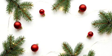 Christmas Fir Branches Red Ornaments and Twinkling Lights Border on White holiday decoration