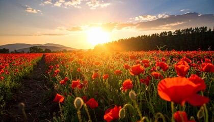 Vast field of vibrant red poppies under a bright golden sunset, illuminating the blossoms and distant trees, creating a breathtaking and serene natural landscape