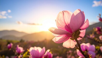 Delicate pink magnolia blossom bathed in the soft glow of a morning sunset, with blurred mountains and sky in the background, evoking a sense of spring tranquility