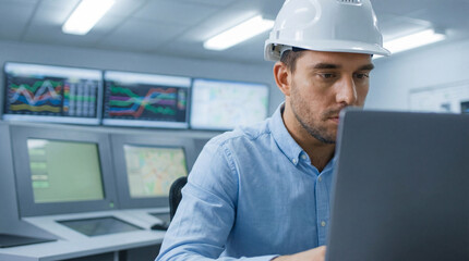 Engineer wearing safety helmet working on laptop in modern control room with digital monitoring screens and technical data graphs
