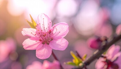 beautiful pink peach blossom flower in soft focus with warm sunlight creating magical bokeh and glowing atmosphere for spring season beauty and nature photography