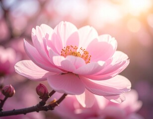 elegant light pink magnolia flower opening its layered petals with golden stamen and dew drops surrounded by soft bokeh and warm sunlight on spring morning