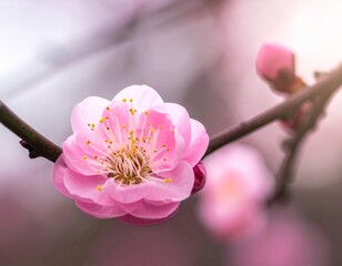 close up of delicate pink cherry blossom flower blooming on tree branch with soft bokeh background and warm sunlight illuminating petals for spring floral concept
