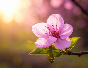 Delicate pink cherry blossom flower bathed in soft golden sunlight during springtime, showcasing intricate petals and stamen with a blurred background of blooming trees, evoking beauty and renewal