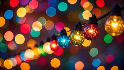 string of colorful bokeh lights, festive illumination with blurred circles of red blue yellow green and pink creating magical atmosphere, perfect for holiday celebrations  vibrant abstract background