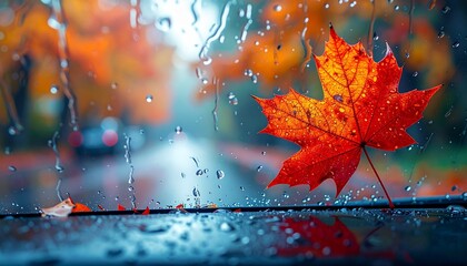 Stunning red maple leaf on a car dashboard with raindrops on the window during autumn a beautiful portrayal of fall's essence and reflective surfaces creating a serene natural moment
