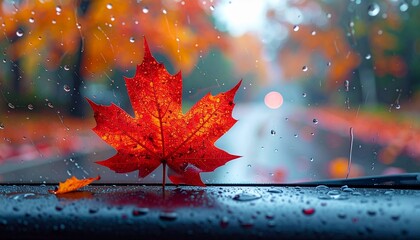 Vivid red maple leaf resting on a wet car dashboard with raindrops on windshield autumn season outside a captivating scene of nature's beauty and reflections during fall weather