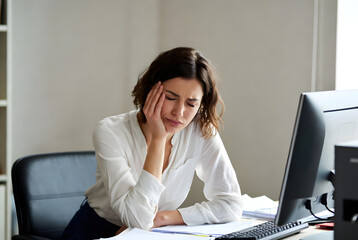 Overworked businesswoman having a headache in her office