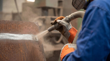 industrial worker sandblasting rusted metal surface with protective gloves and mask during abrasive cleaning and corrosion maintenance