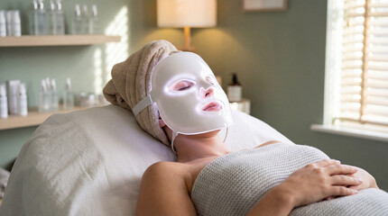 relaxed woman receiving led light therapy facial treatment while resting on spa bed with towel wrapped hair in serene wellness room