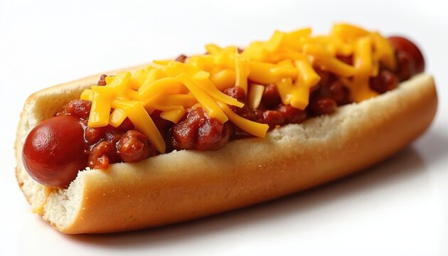 Hearty chili cheese hot dog. Beef sausage in bun topped with savory chili meat and melted cheddar cheese. Spicy hot sauce adds extra flavor. Perfect street food snack.